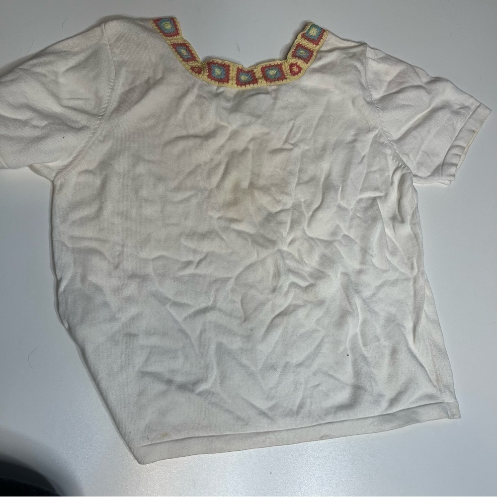 Vintage Cathy Daniels Crochet Neck Short Sleeve Shirt Size Medium FLAWED. - Picture 6 of 7